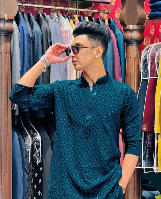 Men’s Embroidered Kurta – Teal Blue