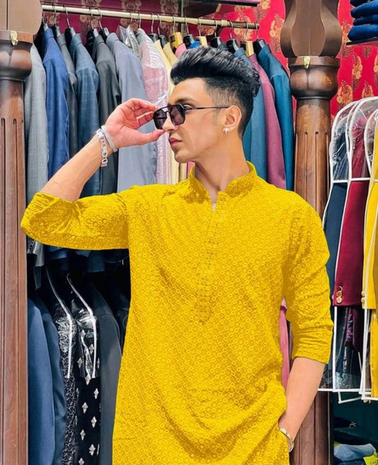 Men’s Embroidered Kurta – Yellow