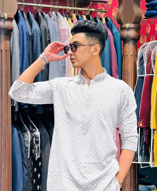 Men’s Embroidered Kurta – White