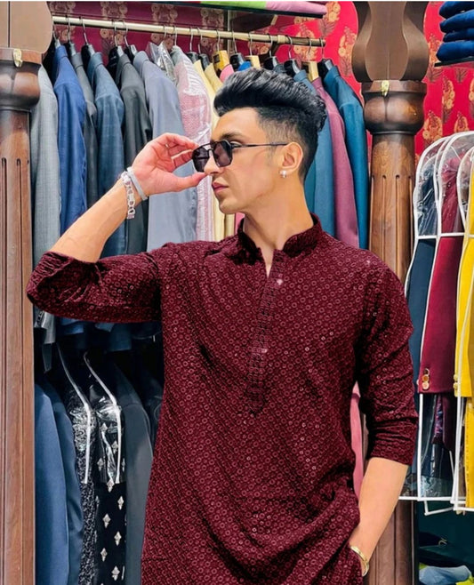 Men’s Embroidered Kurta – Maroon