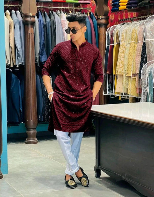 Men’s Embroidered Kurta – Maroon