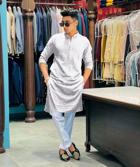 Men’s Embroidered Kurta – White