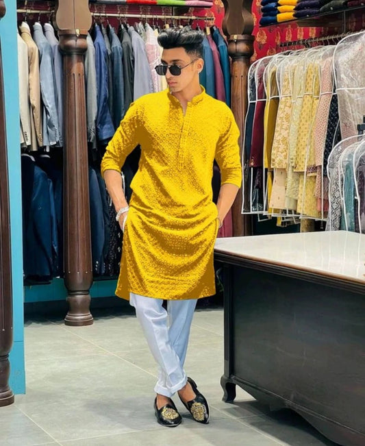 Men’s Embroidered Kurta – Yellow