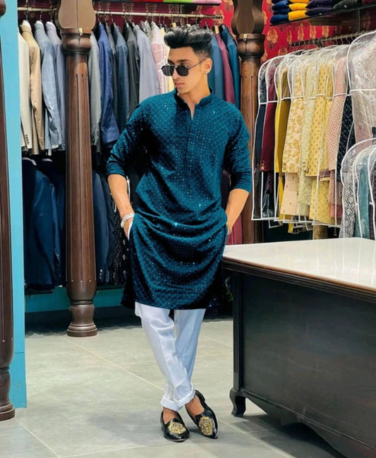 Men’s Embroidered Kurta – Teal Blue